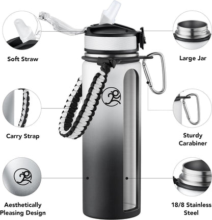 GOSWAG Insulated Sports Water Bottle, 24oz 2 Lids(with Straw/No Straw), Stainless Steel Water Bottles with Paracord Handle, Insulated Bottle with Double-Wall Vacuum Insulation