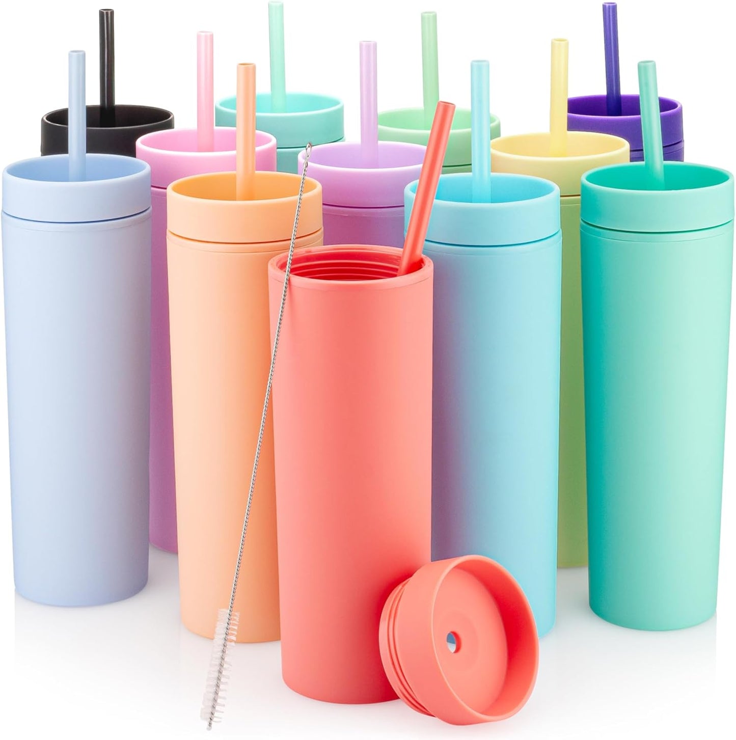 STRATA CUPS Perwinkle Skinny Tumblers with Lids and Straws (4 pack), 16oz Matte Pastel Colored Acrylic Tumblers with Lids and Straws, Double Wall Skinny Tumbler Bulk, Reusable Cup with Straw Cleaner