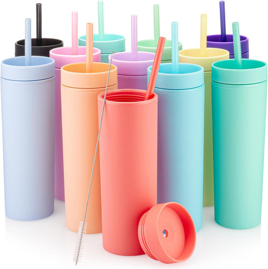 STRATA CUPS Perwinkle Skinny Tumblers with Lids and Straws (4 pack), 16oz Matte Pastel Colored Acrylic Tumblers with Lids and Straws, Double Wall Skinny Tumbler Bulk, Reusable Cup with Straw Cleaner