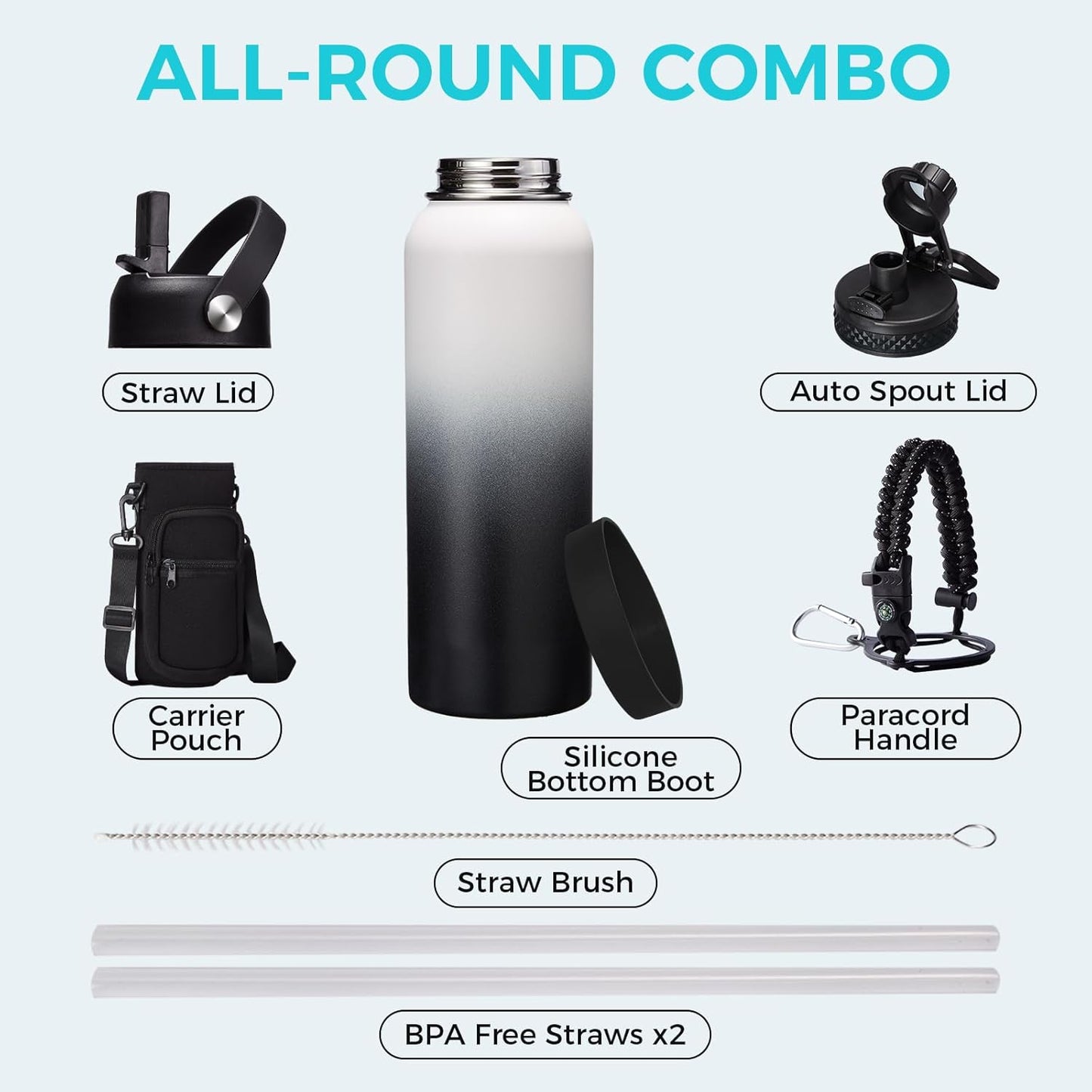 32/40/64OZ Insulated Water Bottle - Keep Cold 48H Hot 24H, Combo Straw/Spout Lids, Paracord Handle for Gym/Hiking, Carrier Bag +Strap, Cup Mat, BPA-Free Stainless Steel Flask Jug