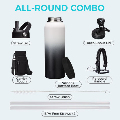 32/40/64OZ Insulated Water Bottle - Keep Cold 48H Hot 24H, Combo Straw/Spout Lids, Paracord Handle for Gym/Hiking, Carrier Bag +Strap, Cup Mat, BPA-Free Stainless Steel Flask Jug