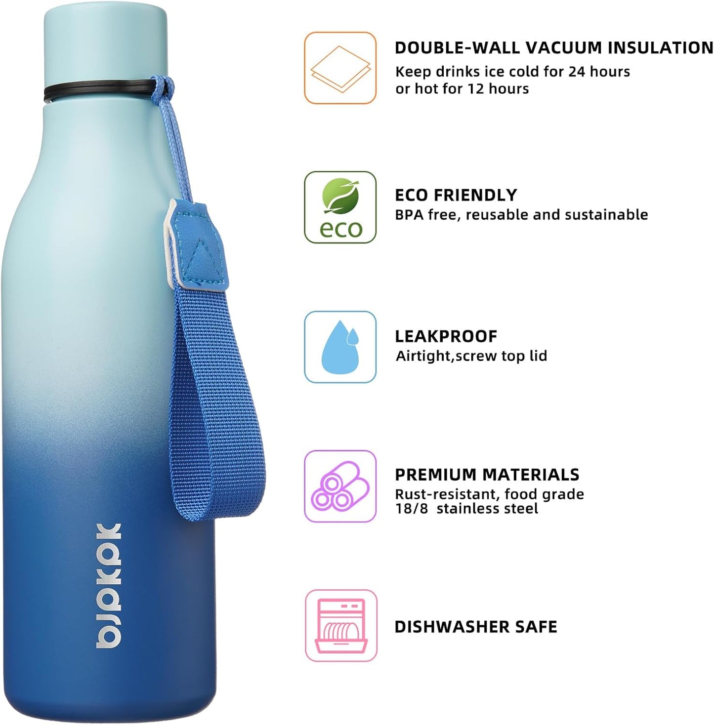 BJPKPK Insulated Water Bottles, 18 oz Stainless Steel Metal Water Bottle with Strap, BPA Free Leak Proof Jugs, Mugs, Flasks, Reusable Thermal Flasks for Sports & Travel, Black - Colors B