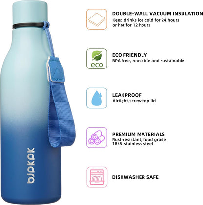 BJPKPK Insulated Water Bottles, 18 oz Stainless Steel Metal Water Bottle with Strap, BPA Free Leak Proof Jugs, Mugs, Flasks, Reusable Thermal Flasks for Sports & Travel, Black - Colors B