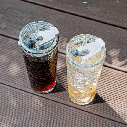 SUROQUE 20oz Ribbed Glass Tumblers with Lids & Straws, Ideal for Iced Coffee, Cocktails & More - Includes Cleaning Brush