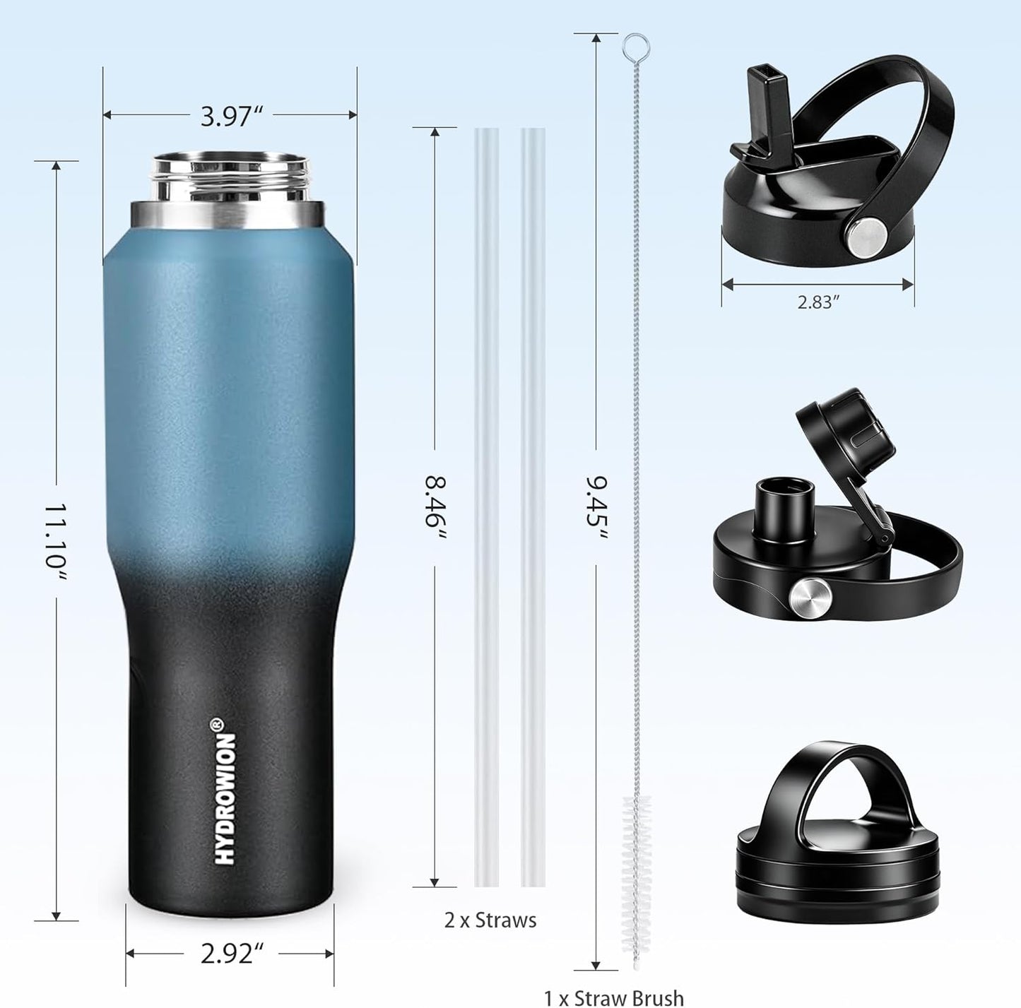 HYDROWION 32oz Stainless Steel Water Bottle(Cold for 48 Hrs, Hot for 24 Hrs),Double Wall Vacuum Insulated Water Bottle with Straw Lid, Spout Lid and Flex Cap, Fit in Any Car Cup Holder,Black
