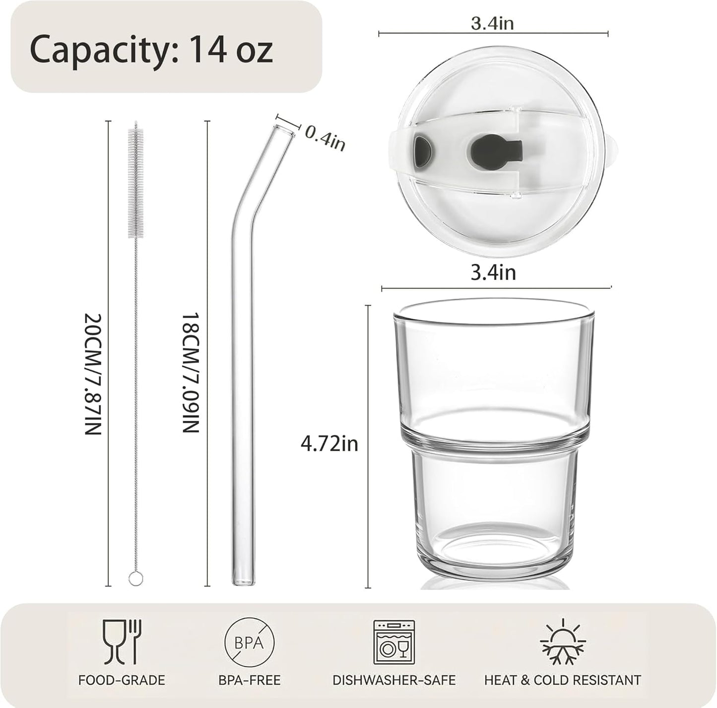 Haundry 14oz Glass Tumbler with Straw and Lid, Reusable Iced Coffee Cup Tumbler, Cute Glass Cups for Water, Matcha, Travel Coffee Mugs