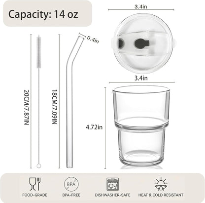 Haundry 14oz Glass Tumbler with Straw and Lid, Reusable Iced Coffee Cup Tumbler, Cute Glass Cups for Water, Matcha, Travel Coffee Mugs
