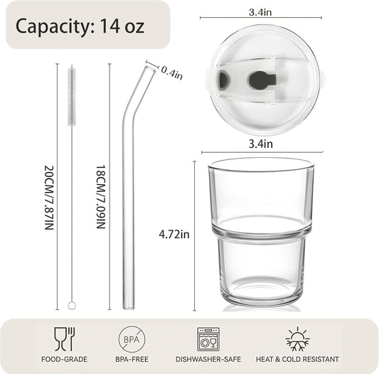 Haundry 14oz Glass Tumbler with Straw and Lid, Reusable Iced Coffee Cup Tumbler, Cute Glass Cups for Water, Matcha, Travel Coffee Mugs