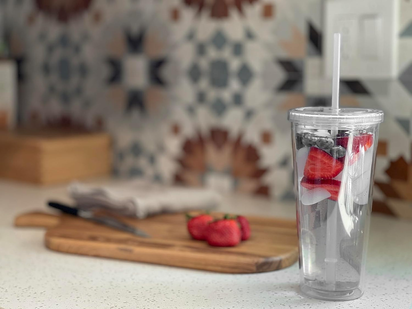 24oz Double Wall Plastic Tumblers with Lids and Straws | Large Classic Travel Tumbler | 4 Pack Set of 4 | Clear Reusable Cups with Straws | BPA Free