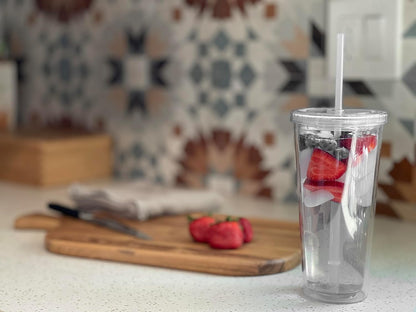 24oz Double Wall Plastic Tumblers with Lids and Straws | Large Classic Travel Tumbler | 4 Pack Set of 4 | Clear Reusable Cups with Straws | BPA Free
