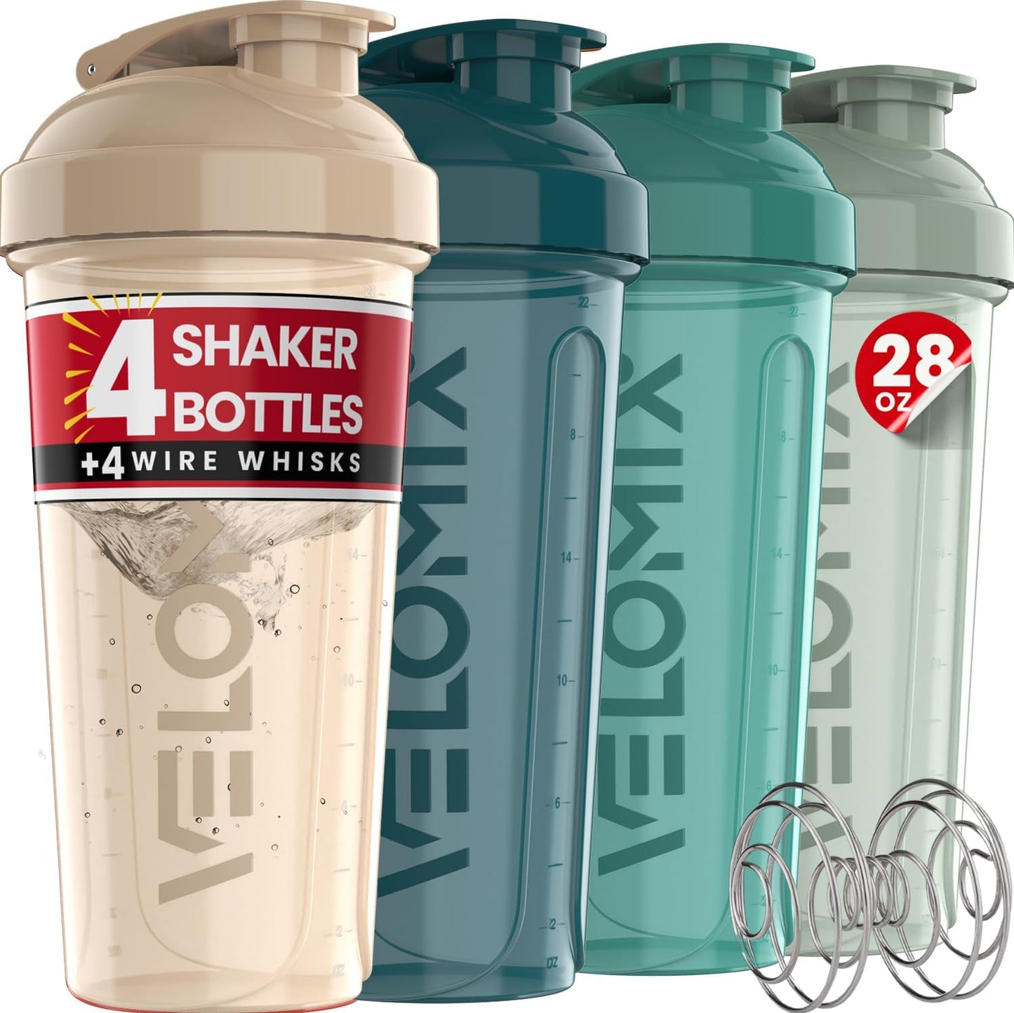 VELOMIX -4 PACK 28 Oz Protein Shaker Bottle for Protein Mixes - 4x Wire Whisk | Leak Proof Shaker Cups for Protein Shakes | Large, Stackable Protein Shaker Bottles Pack | Dishwasher Safe (Aqua Depths)