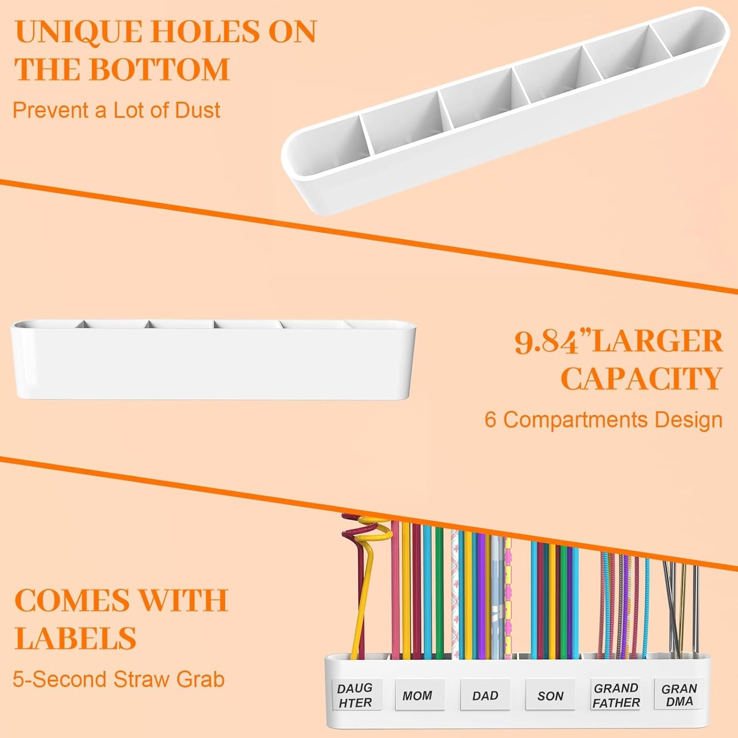Upgraded 9.84" Large Straw Holder for Cabinet Door, 3-Part Adjustable Straw Organizer Storage with Strong Adhesive Double-sided Tape, Ultra Sticky Under-Cabinet Mount Storage (Transparent)