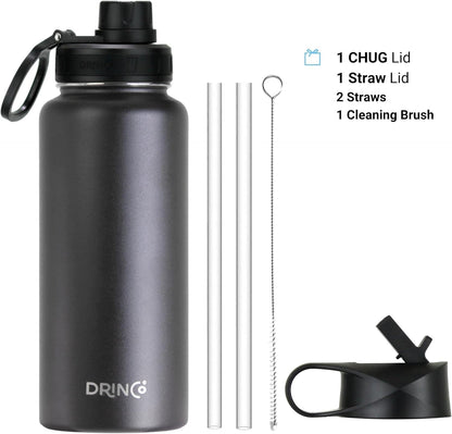 Drinco Stainless Steel Water Bottle Spout Lid Vacuum Insulated Double Wall Water Bottle Wide Mouth (40oz 32oz 22oz 18oz 14oz) Leak Proof Keep Cold Sport Camping Hiking (22 oz, 22oz Black)