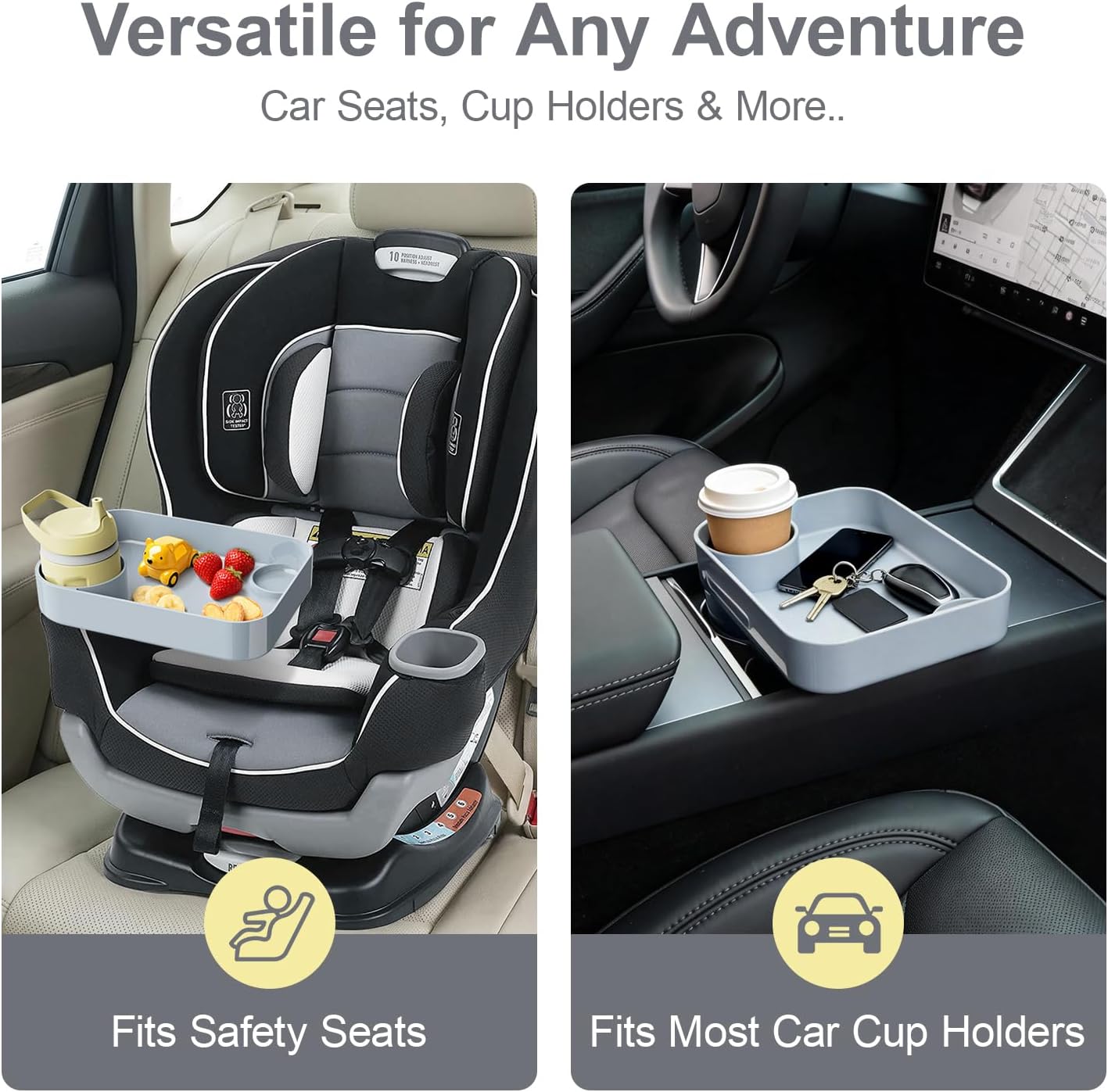 Car Seat Snack Tray for Toddlers - 3 Inch Cup Holder Fits Most Sippy Cups & Straw Bottles with Dip Well, Mess-Free Square Kids Travel Tray Road Trip Essentials, Black