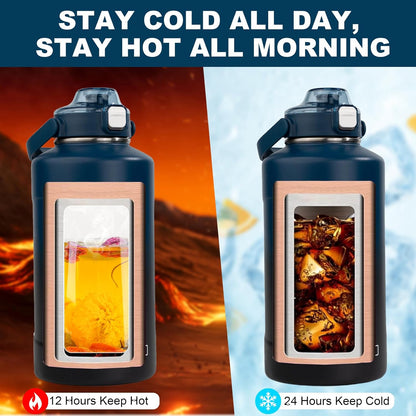 64oz Half Gallon Fruit Infuser Insulated Stainless Steel Water Bottle Jug, 48H Cold & 24H Hot, Large Capacity for Travel Hiking Mountain Climbing Black