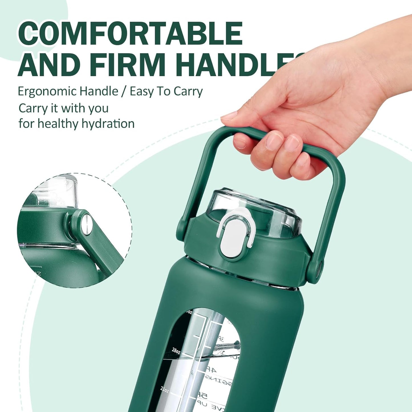 64oz Glass Water Bottles with Straw, Half Gallon Motivational Glass Bottle with Silicone Sleeve and Time Marker, 2L Leakproof Large Glass Water Jug for Gym Home Office,olive