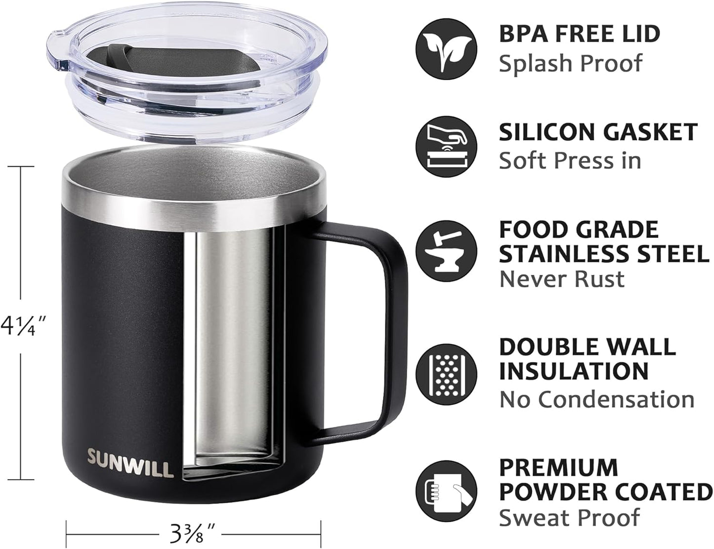 SUNWILL Travel Coffee Mug with Lid, Insulated Tumbler with Handle, 14 oz Stainless Steel Cup for Ice, Water, Tea, Rose Gold