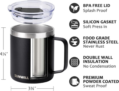 SUNWILL Travel Coffee Mug with Lid, Insulated Tumbler with Handle, 14 oz Stainless Steel Cup for Ice, Water, Tea, Rose Gold