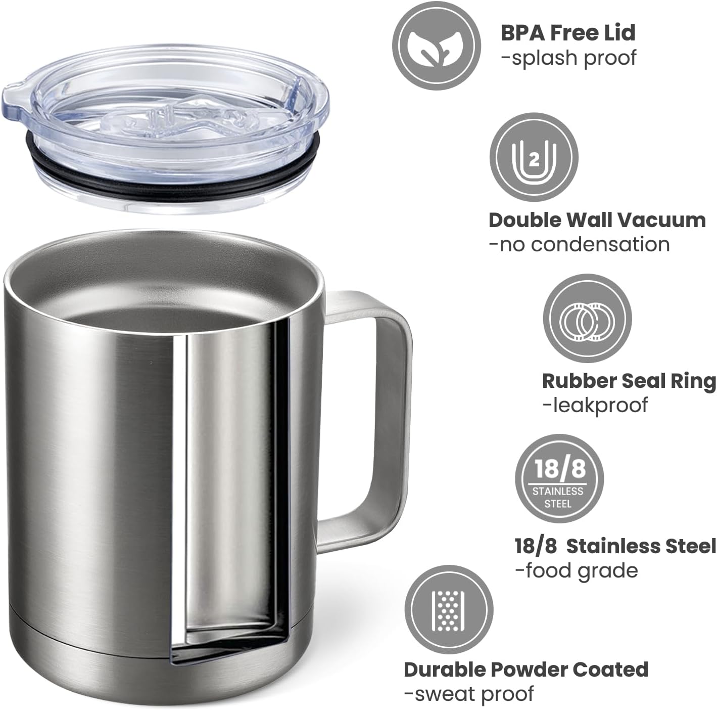 MEWAY 12oz Coffee Mug With Handle and Sliding Lid,Stainless Steel Travel Tumbler Cup with Handle,Double Wall Vacuum Insulated Camping Cup for Hot & Cold Drinks Tea (Black,Set of 1