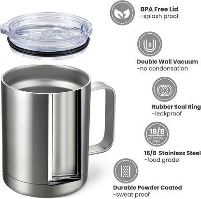 MEWAY 12oz Coffee Mug With Handle and Sliding Lid,Stainless Steel Travel Tumbler Cup with Handle,Double Wall Vacuum Insulated Camping Cup for Hot & Cold Drinks Tea (Black,Set of 1