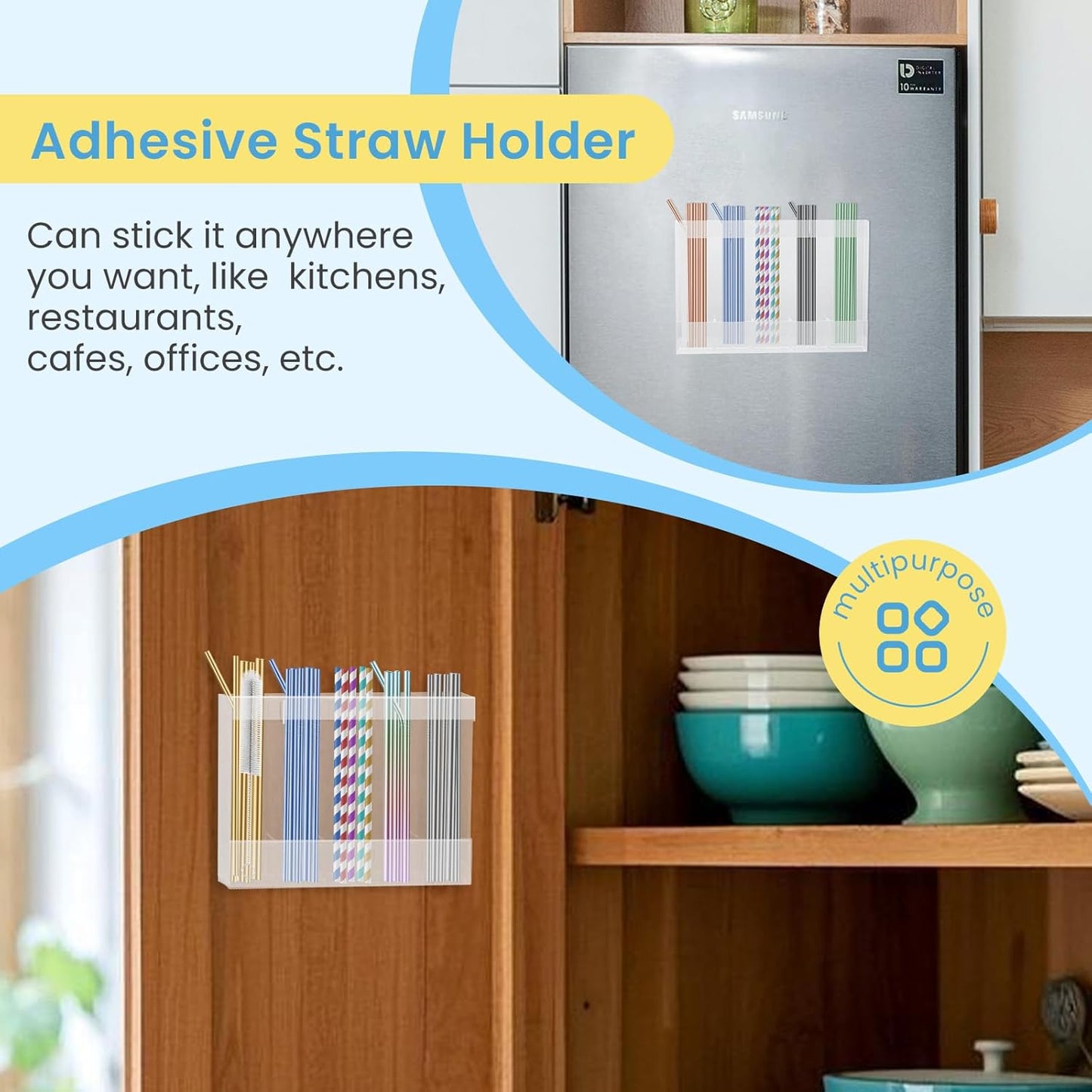 Acrylic Straw Holder for Cabinet, Reusable Straw Organizer with Double Sided Adhesive Tape Tumbler Straws Storage Container for Cupboard Drinking Straws Dispenser for Kitchen Counter (Transparent)