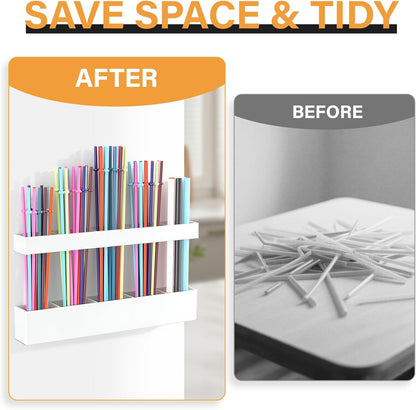 Straw Holder for Cabinet Door, Reusable Tumbler Straw Organizer Storage Container Mount for Kitchen Counter Cupboard Door (Transparent, 9.5inch)