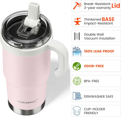 30oz Hygienic Insulated Tumbler with Handle — 100% Leakproof Lid with Removable Spout & Straw, Reinforced Vacuum-Protection Base, Cup Holder Friendly, for Travel/Gym/Office- Black