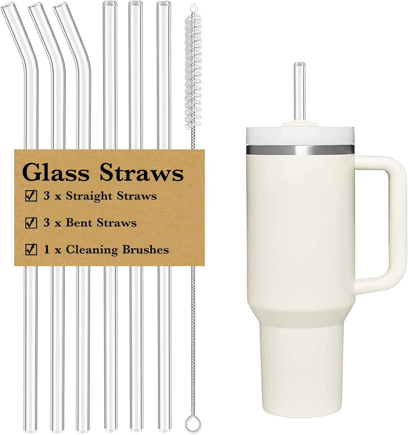 12" Glass Straw for Stanley 40 oz Cup Tumbler, Replacement Stanley Straw, 6 Pack Clear Glass Straw with Cleaning Brush, Reusable Stanley Cup Accesspries