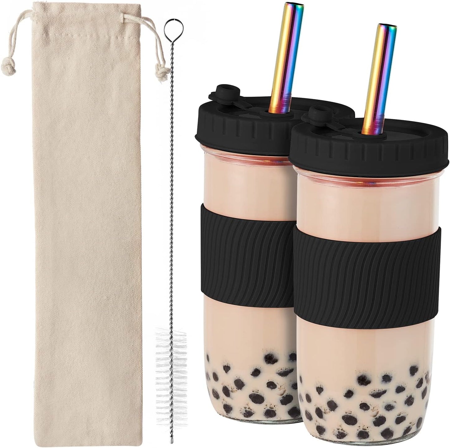 Amyoole 2 Pack Reusable Boba Cup, 24Oz Wide Mouth Smoothie Cup,mason Jar Glass Cups with Lids and Straws,Bubble/Boba Tea Cups,Ice Coffee Tumbler 2 colored straws 1 sponge brush(Pink)