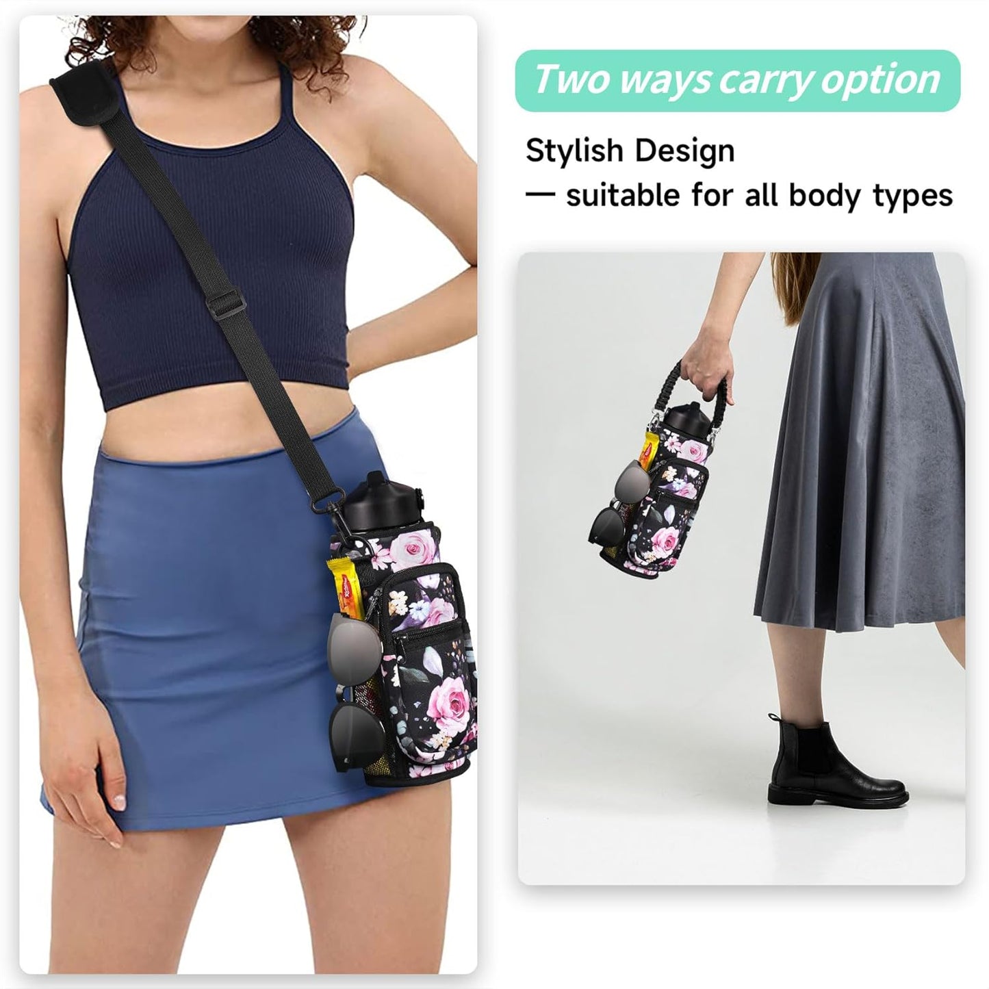 AceTreker 32/40/64/87/128 oz Water Bottle Carrier Bag, Neoprene Water Bottle Sleeve with 4 Pocket, Sport Water Holder with Paracord Handle and Shoulder Strap for Walking Hiking Camping Gym
