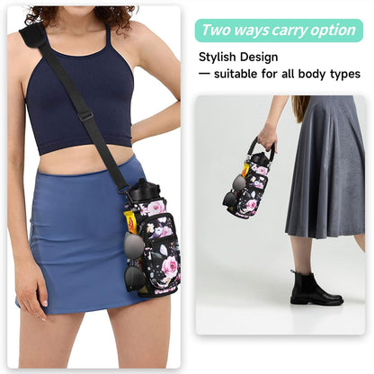 AceTreker 32/40/64/87/128 oz Water Bottle Carrier Bag, Neoprene Water Bottle Sleeve with 4 Pocket, Sport Water Holder with Paracord Handle and Shoulder Strap for Walking Hiking Camping Gym