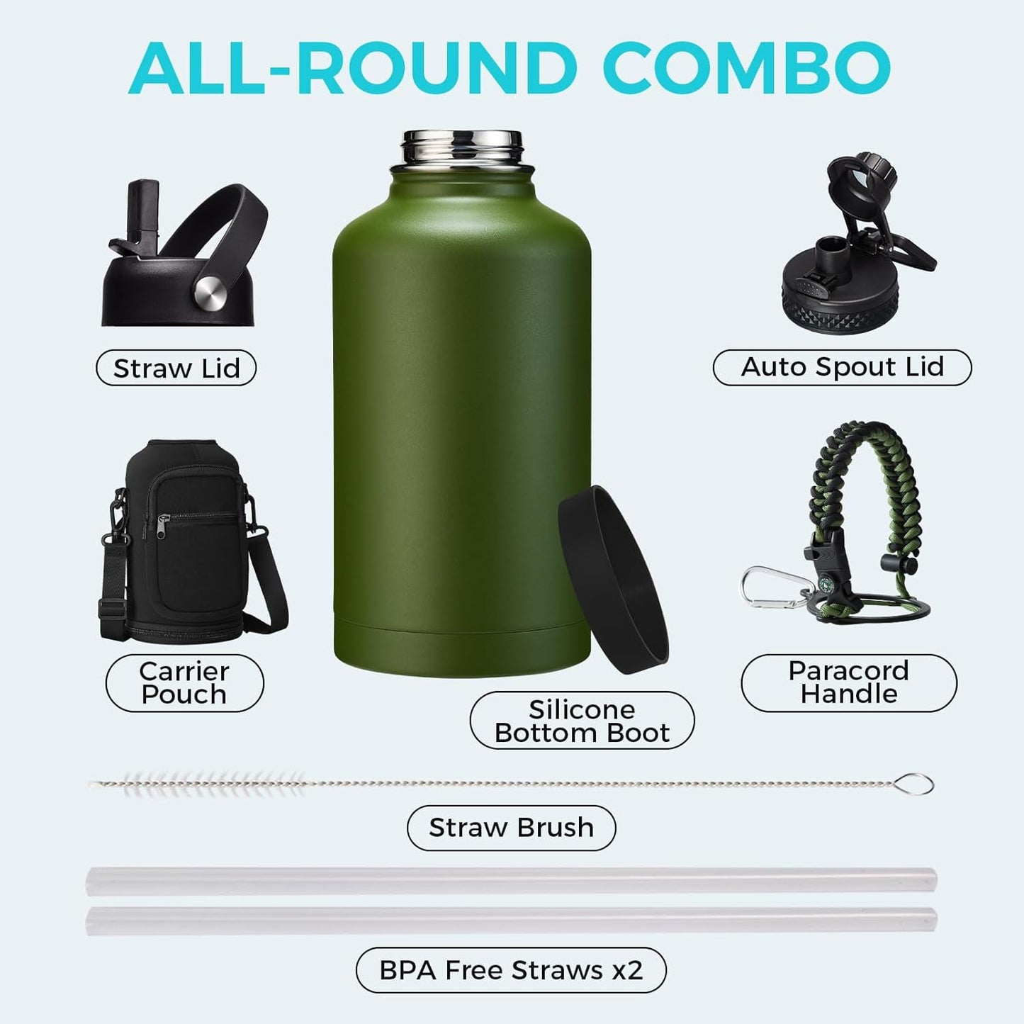 32/40/64OZ Insulated Water Bottle - Keep Cold 48H Hot 24H, Combo Straw/Spout Lids, Paracord Handle for Gym/Hiking, Carrier Bag +Strap, Cup Mat, BPA-Free Stainless Steel Flask Jug