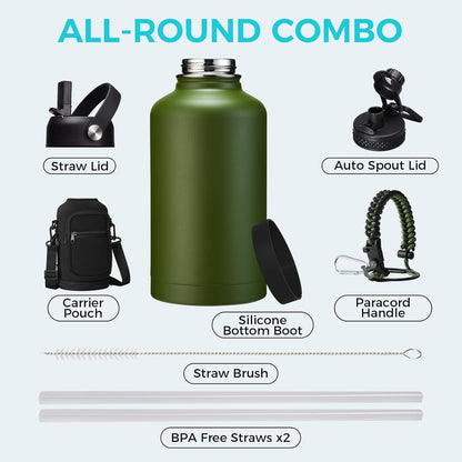 32/40/64OZ Insulated Water Bottle - Keep Cold 48H Hot 24H, Combo Straw/Spout Lids, Paracord Handle for Gym/Hiking, Carrier Bag +Strap, Cup Mat, BPA-Free Stainless Steel Flask Jug
