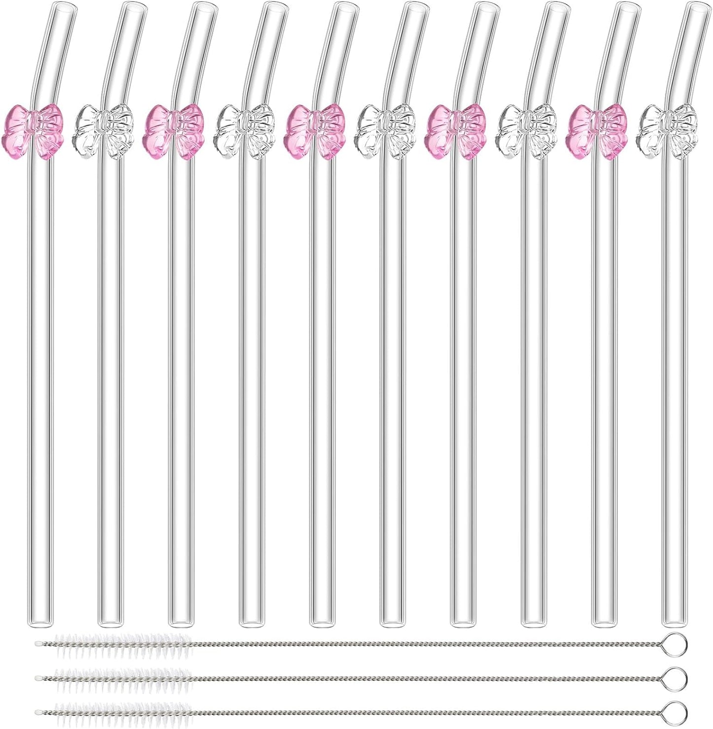 Meanplan 10 Pcs Cute Reusable Glass Straws with Design,8 mm x 7.9'' Shatter Resistant Butterfly Bow Clear Bent Glass Straw with Cleaning Brush for Drink Party Milkshakes Juice (Mixed Color)