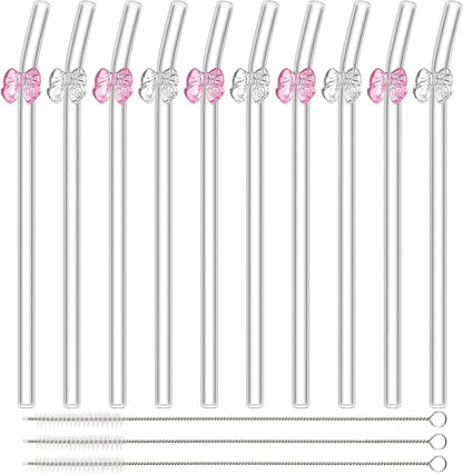 Meanplan 10 Pcs Cute Reusable Glass Straws with Design,8 mm x 7.9'' Shatter Resistant Butterfly Bow Clear Bent Glass Straw with Cleaning Brush for Drink Party Milkshakes Juice (Mixed Color)