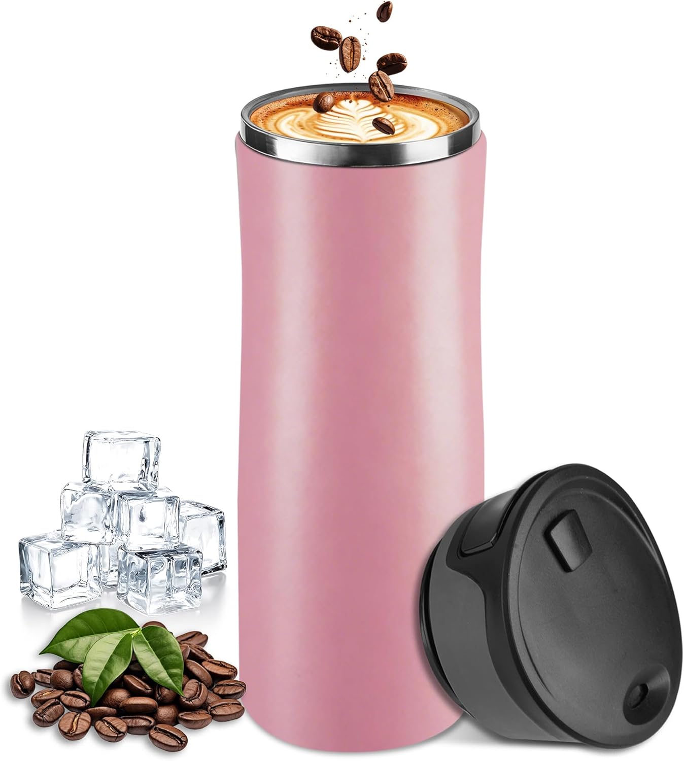 17 oz / 500 ml Travel Coffee Mug, One-Handed Pink Insulated Coffee Tumbler with Lid, Leak Proof Stainless Steel Coffee Cup, Reusable Water Bottle for Office, Car, Travel, Hot Coffee and Cold Drinks
