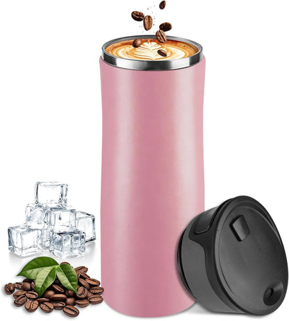 17 oz / 500 ml Travel Coffee Mug, One-Handed Pink Insulated Coffee Tumbler with Lid, Leak Proof Stainless Steel Coffee Cup, Reusable Water Bottle for Office, Car, Travel, Hot Coffee and Cold Drinks