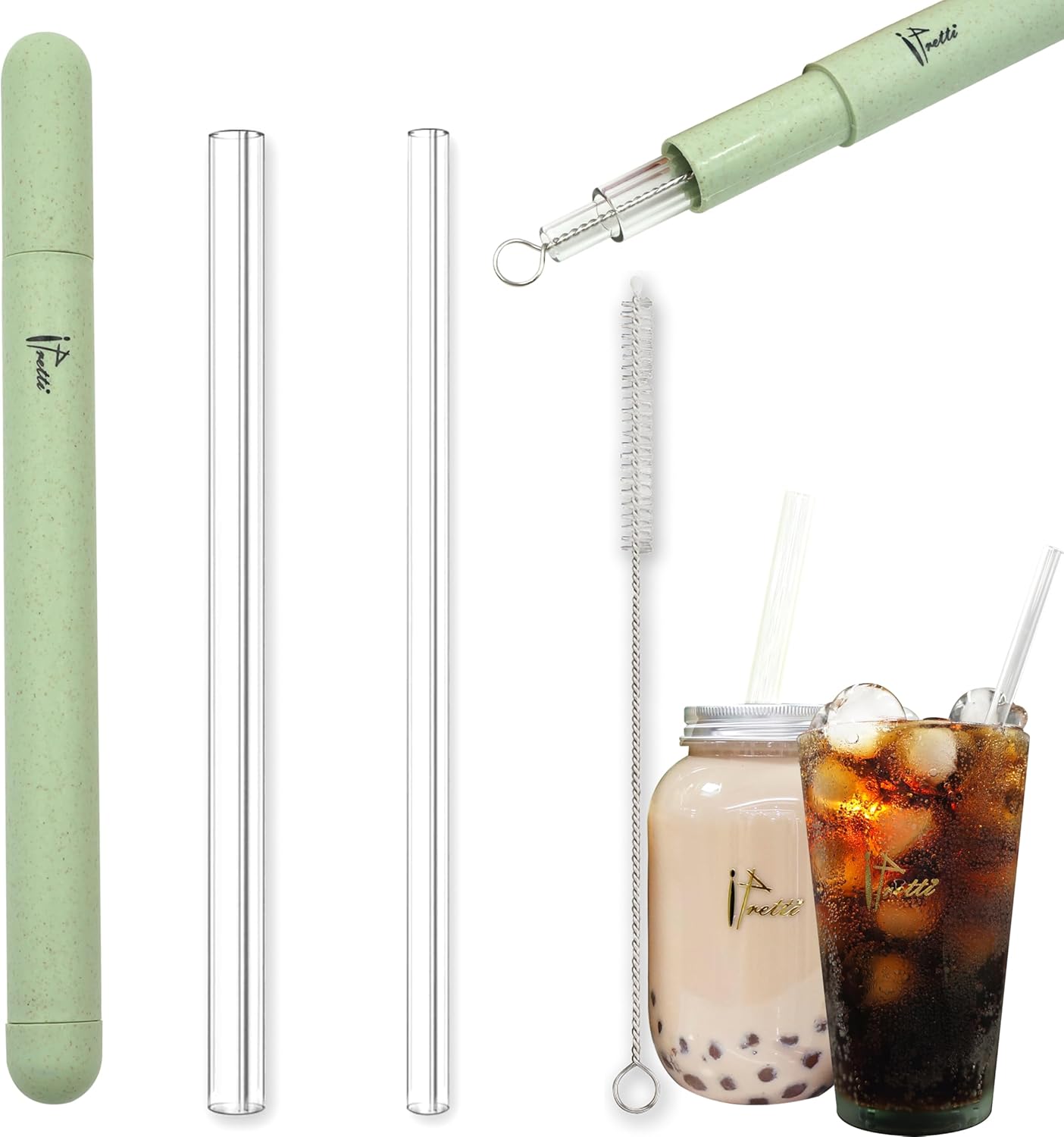 Reusable Glass Drinking Boba Straws Set with Portable Travel Case,Cleaning Brush,7mmx8.27” and 12mmx8.27”,Perfect for Smoothies,Milkshakes,Juice,Coffee,Bubble Tea,Sparking Water