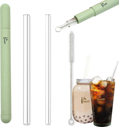 Reusable Glass Drinking Boba Straws Set with Portable Travel Case,Cleaning Brush,7mmx8.27” and 12mmx8.27”,Perfect for Smoothies,Milkshakes,Juice,Coffee,Bubble Tea,Sparking Water
