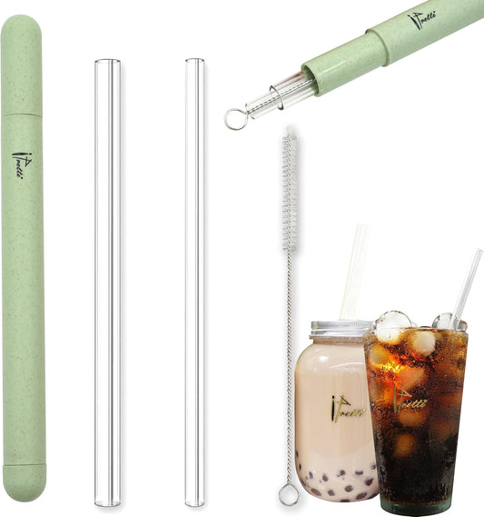 Reusable Glass Drinking Boba Straws Set with Portable Travel Case,Cleaning Brush,7mmx8.27” and 12mmx8.27”,Perfect for Smoothies,Milkshakes,Juice,Coffee,Bubble Tea,Sparking Water