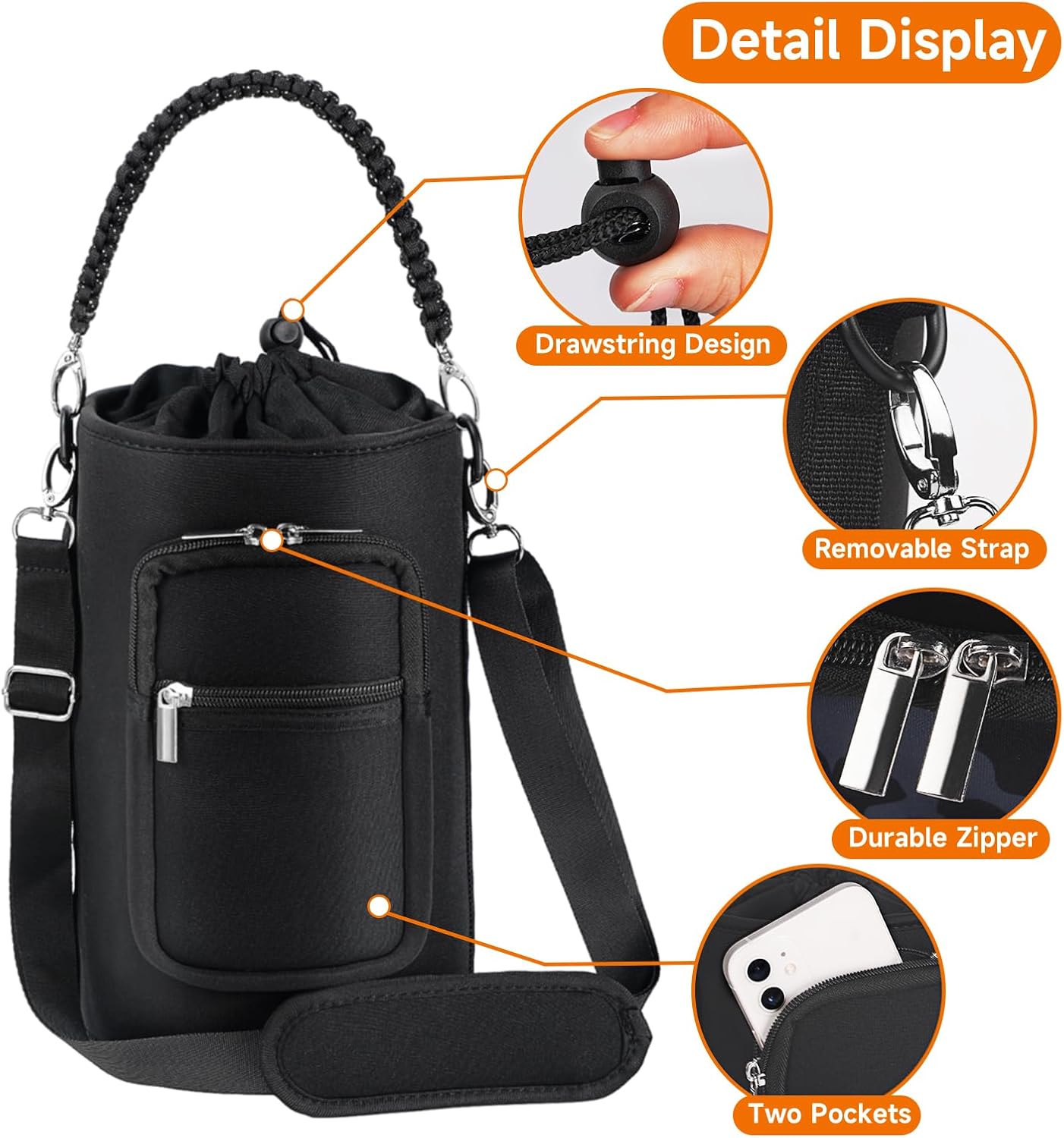 AceTreker 32/40/64/128 oz Neoprene Insulated Water Bottle Carrier Bag, Sling Bag Sleeve Pouch Holder with Strap & Paracord Handle and 2 Pocket for Travelling, Hiking, Camping
