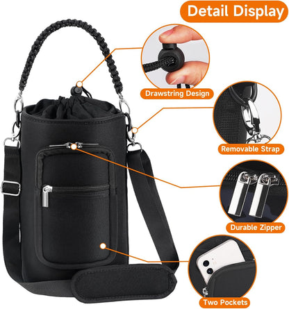 AceTreker 32/40/64/128 oz Neoprene Insulated Water Bottle Carrier Bag, Sling Bag Sleeve Pouch Holder with Strap & Paracord Handle and 2 Pocket for Travelling, Hiking, Camping