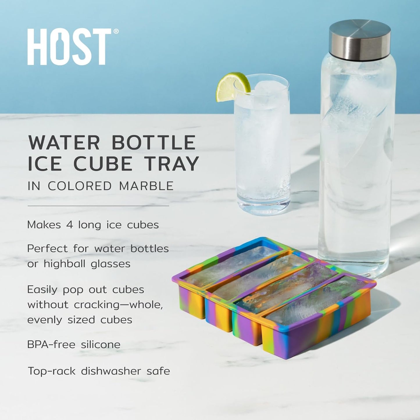 Host Ice Cube Tray, Makes Four 5-Inch Long Cubes, Durable Silicone Trays with Easy Release Design, Perfect for Water Bottles and Highball Glasses, Home Bar Accessories, Set of 1, Marble