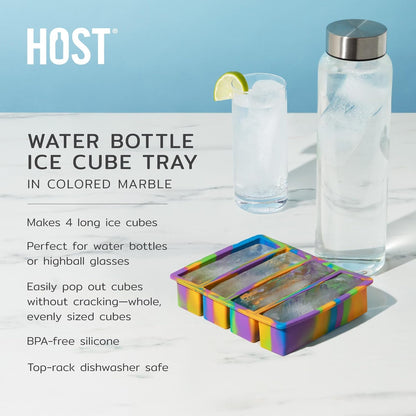 Host Ice Cube Tray, Makes Four 5-Inch Long Cubes, Durable Silicone Trays with Easy Release Design, Perfect for Water Bottles and Highball Glasses, Home Bar Accessories, Set of 1, Marble