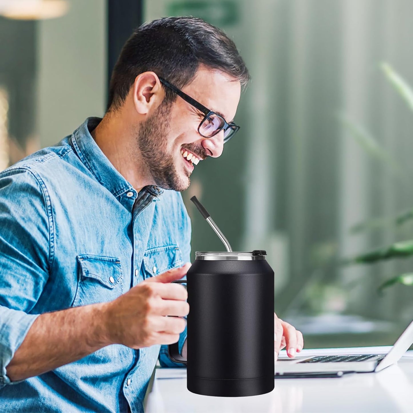 50 oz Insulated Tumbler with Handle and Straw - Stainless Steel Double Wall Coffee Mug, 2-in-1 Lid Metal Water Bottle, 36H Cold 24H Hot Travel Hydro Cup Jug with Silicone Boot
