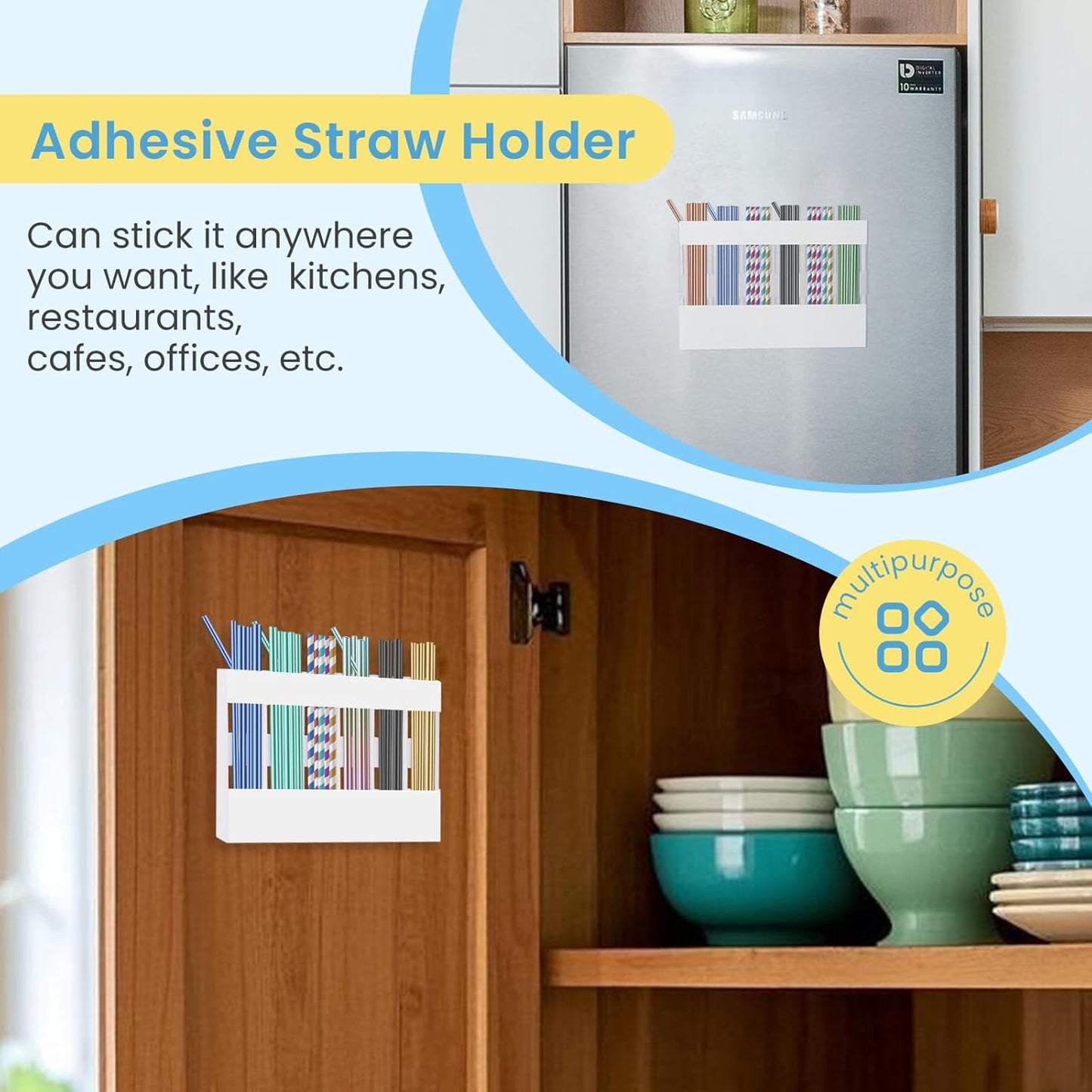 Acrylic Straw Holder for Cabinet, Reusable Straw Organizer with Double Sided Adhesive Tape Tumbler Straws Storage Container for Cupboard Drinking Straws Dispenser for Kitchen Counter (Transparent)