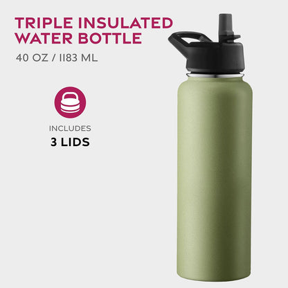 FineDine Water Bottle - Stainless Steel Insulated Water Bottle with Straw Lid, Flip Lid & Wide-Mouth Cap - Keeps Hot and Cold - 25 Oz / 739ml - Dreamy Purple