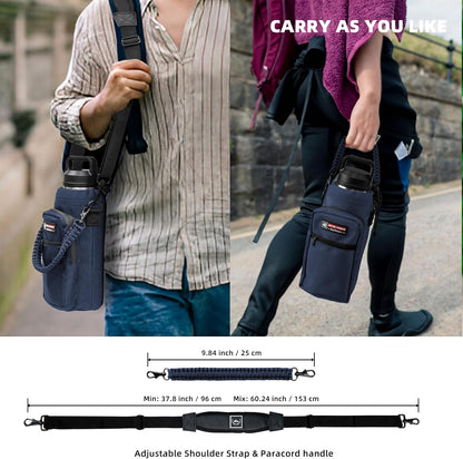 NATURE PIONEOR Water Bottle Holder with Adjustable Strap - 26/32/36/40/46/64oz Insulated Water Bottle Sling Carrier with Paracord Handle & 2 Pockets, Outdoor Sports, Hiking, Camping, Gym