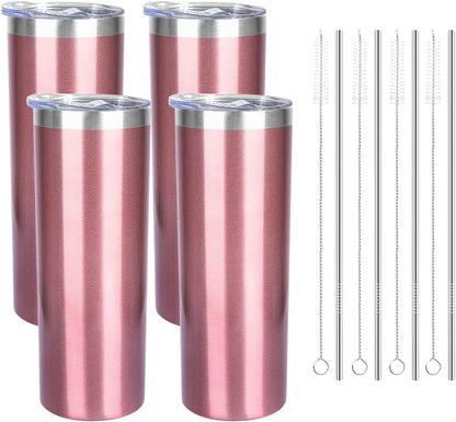 20 oz Skinny Tumblers with Lid and Straw,Stainless Steel Vacuum Insulated Tumbler Cup Double Wall Travel Coffee Mug, Thermal Water Tumbler for Hot and Cold Drinks(Rose Gold,1)