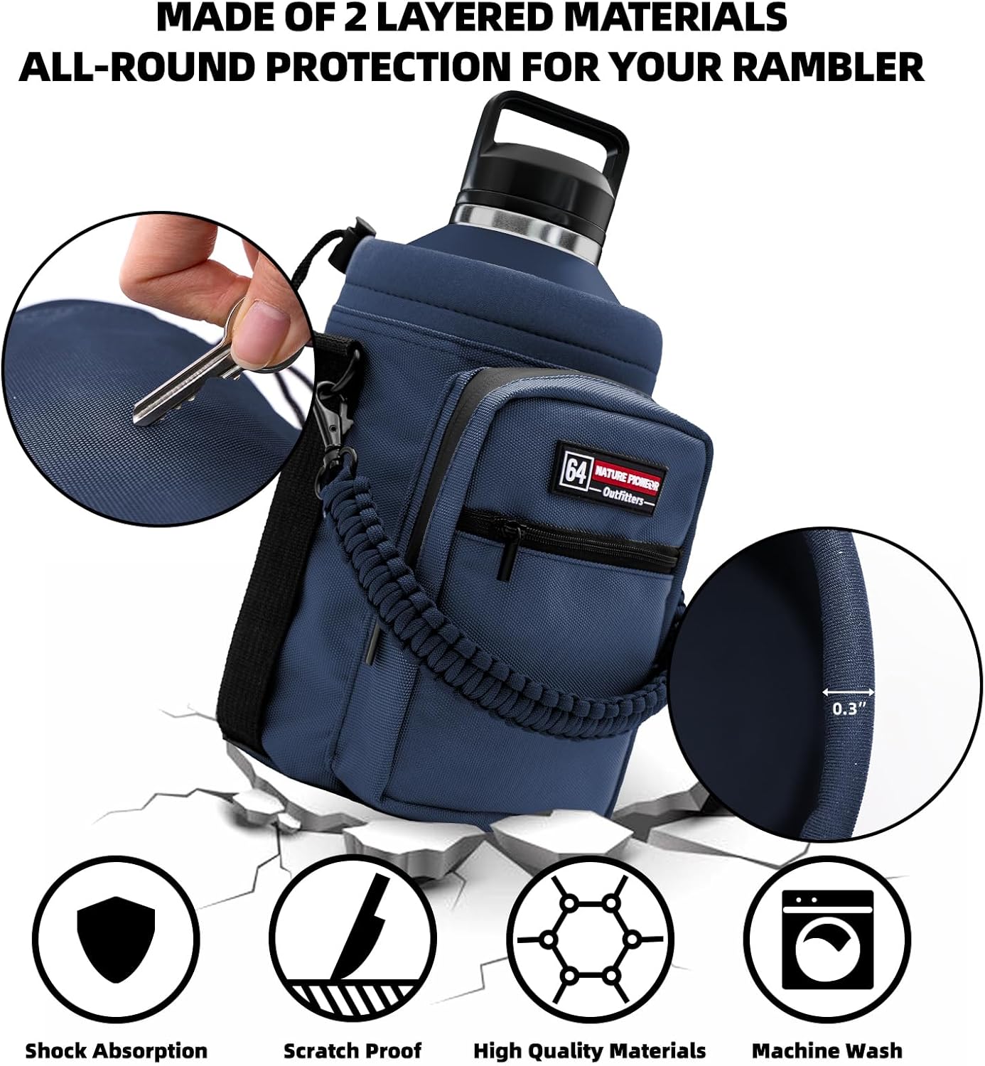 NATURE PIONEOR Water Bottle Holder with Adjustable Strap - Half/One Gallon (64/128oz) Insulated Water Bottle Sling Carrier with Phone Pocket & Paracord Handle, Outdoor Camping, Hiking, Gym